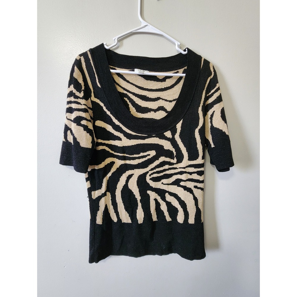 Cache Sweater Size Large Women Gold Metallic Zebra Print Scoop Neck Knit Sweater